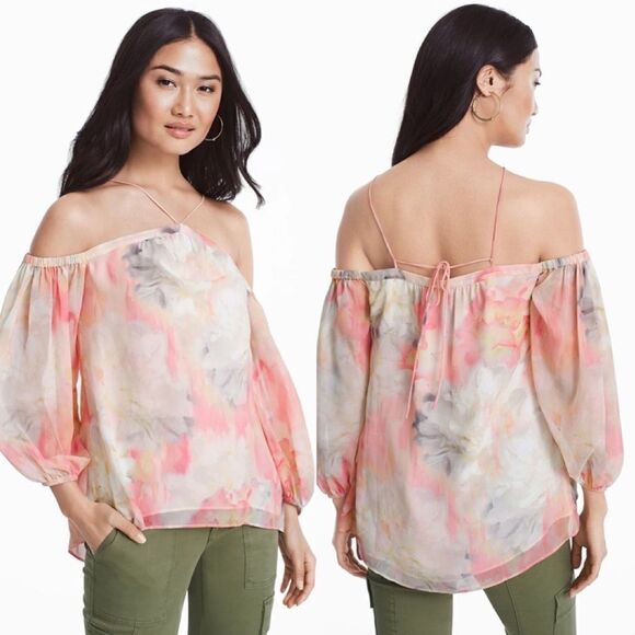 WHITE HOUSE BLACK MARKET Watercolor Print Cold-Shoulder Blouse - Picture 1 of 7